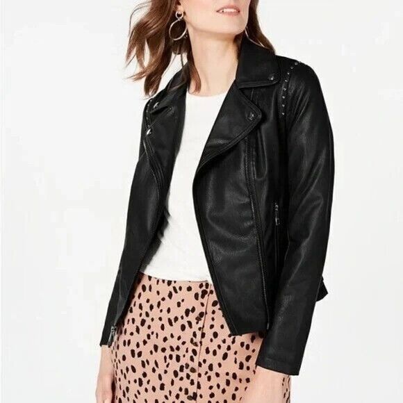GUESS Womens Faux-Leather Moto Jacket Black Extra Small NWT - Picture 1 of 9